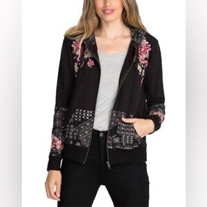 Johnny Was Joanna Bandana Mix Black Embroidered Full-Zip Hoodie Size Small